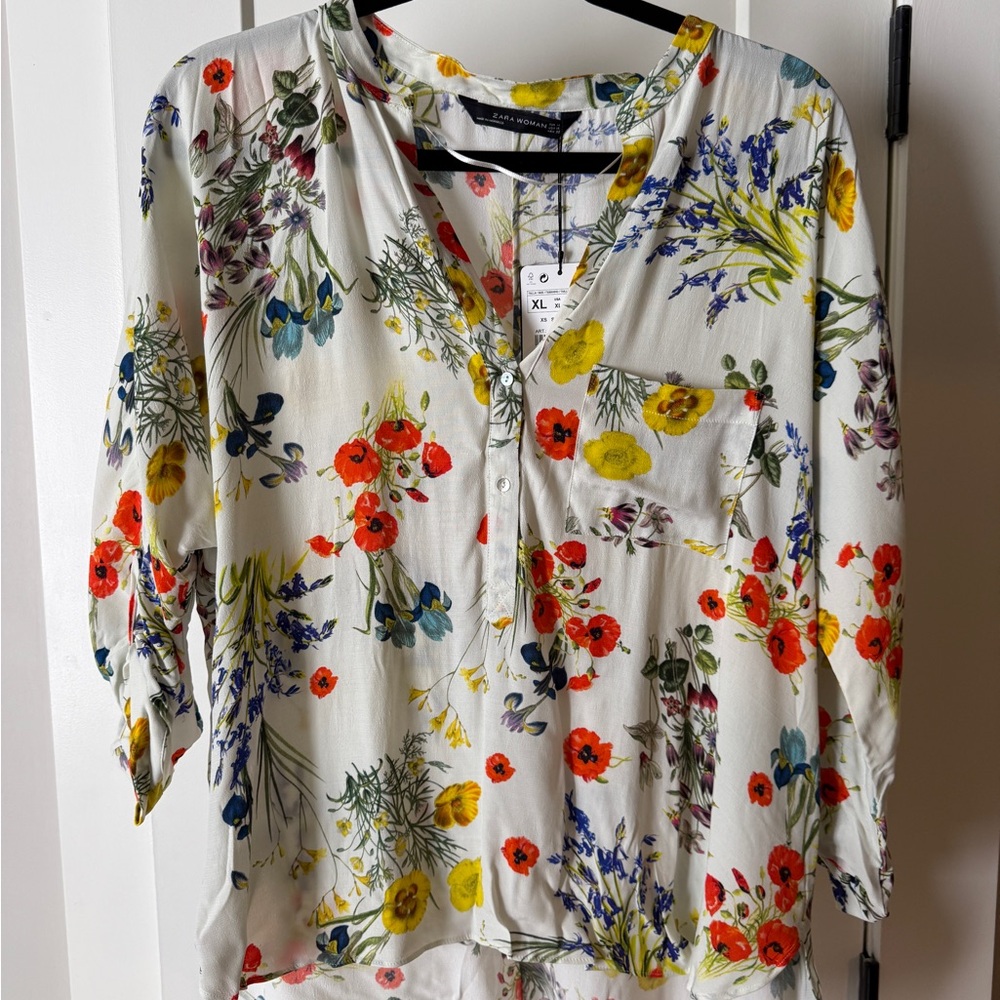 Zara Orange Yellow 3/4 Sleeve Mandarin Collar Blouse